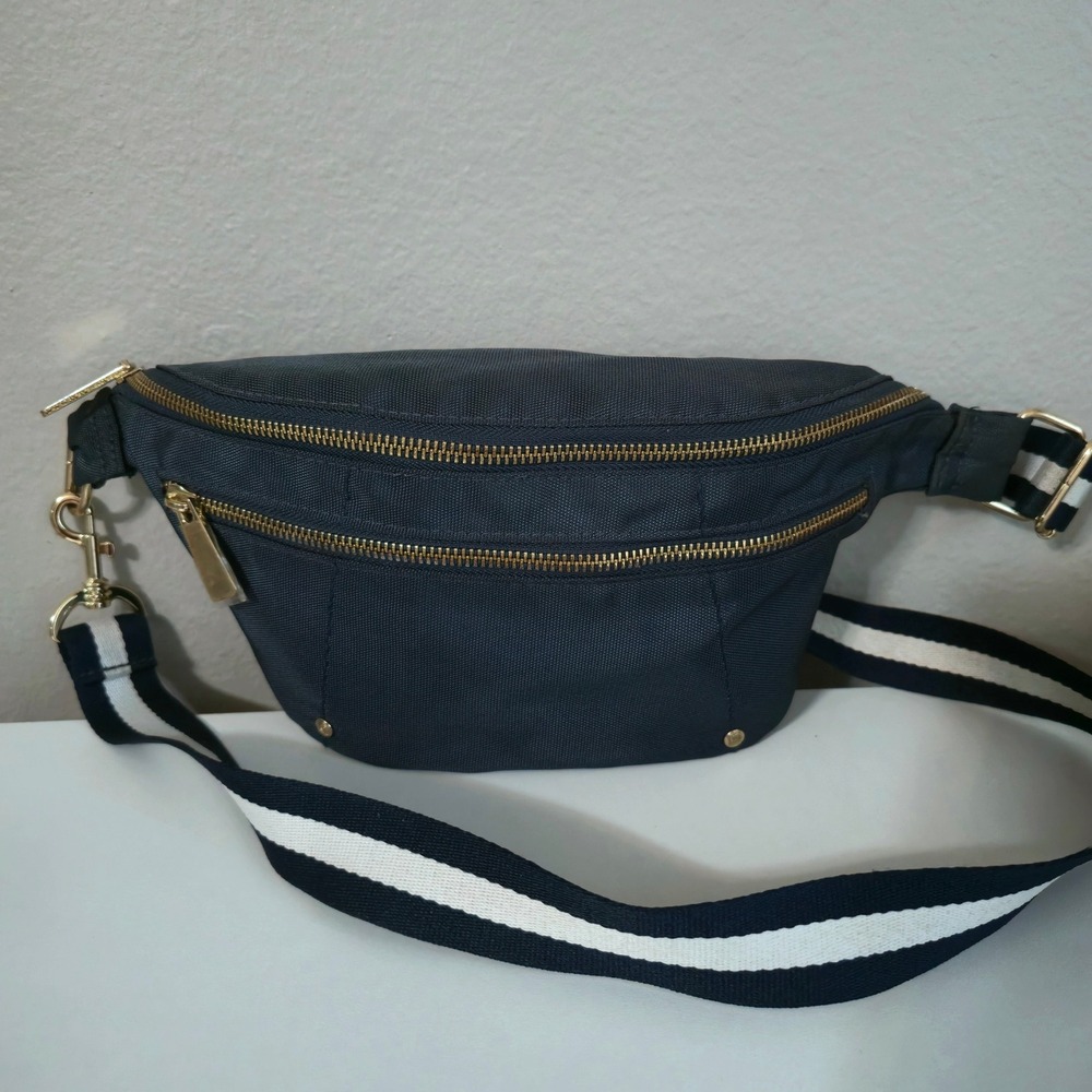 Laundry by Shelli Segal Navy Nylon Belt Bag Waist Pack Gold Hardware Striped Str